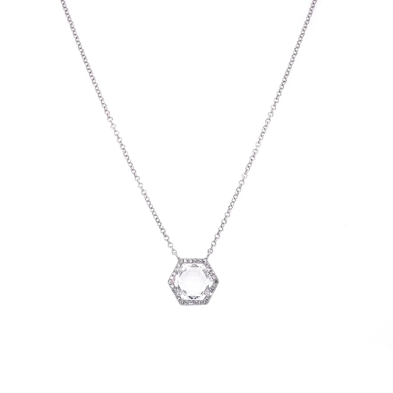 Stylish Necklaces For Office Fashion-14K White Gold Diamond + White Topaz Small Hexagon Necklace