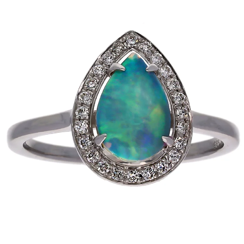 Affordable Engagement Rings For Proposal-14K White Gold Pear Shaped Opal w/Diamond Halo Ring