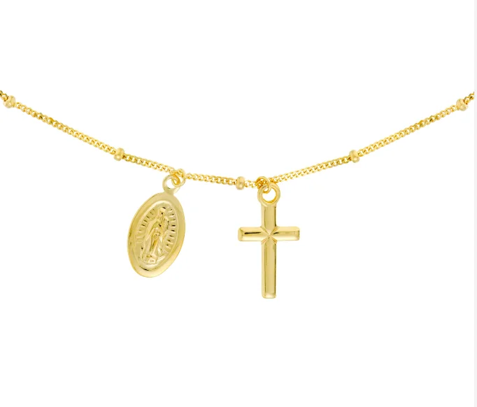 Bold Necklaces For Statement Look-14K Yellow Gold Choker with Dangling Virgin Mary + Cross