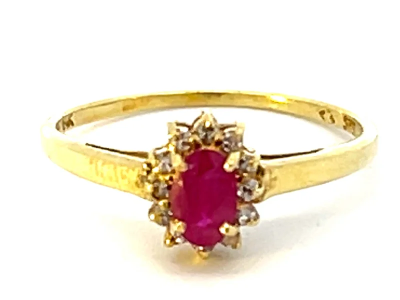 Beautiful Engagement Rings For Every Budget-Red Ruby and Diamond Halo Ring in 14k Yellow Gold