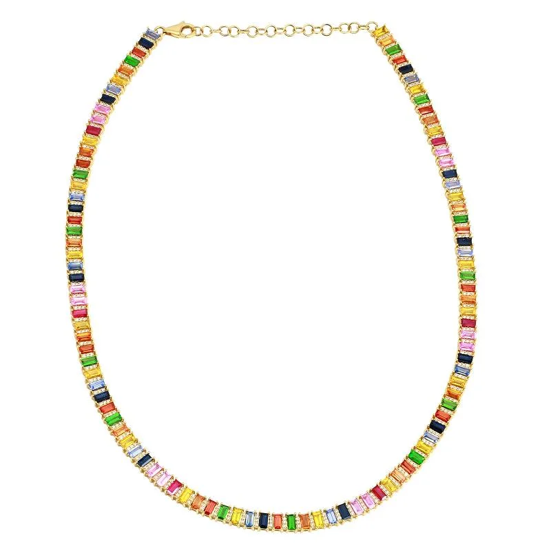 Elegant Crystal Necklaces For Formal Events-14k Yellow Gold Rainbow Multi Gemstone Tennis Necklace