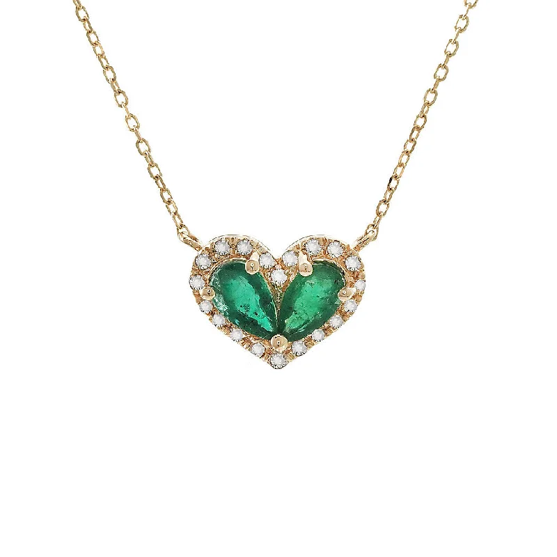 Fashionable Beaded Necklaces For Summer Look-14K Yellow Gold Diamond and Pear Emerald Heart Necklace