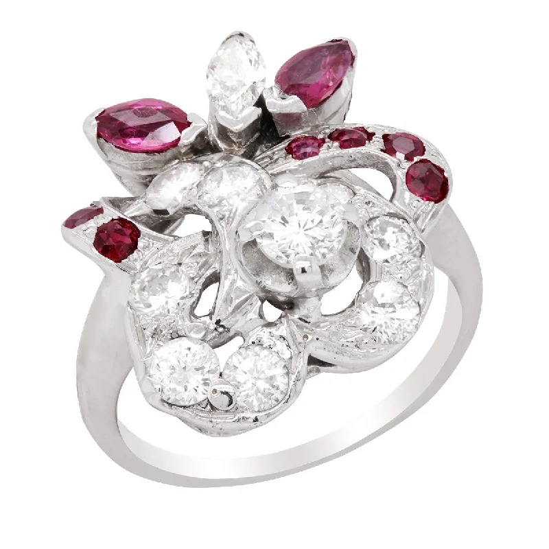 Best Rings For Everyday Wear-WHITE GOLD FASHION RING WITH UNIQUE DESIGN SET WITH RUBIES AND DIAMONDS, 1.00 CT TW