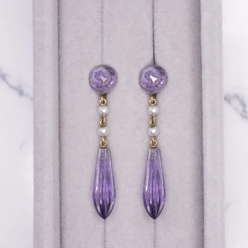 Color Changing Earrings For Fashion Forward-VINTAGE AMETHYST PEARL EARRINGS 14k YELLOW GOLD PURPLE CARVED LONG DROP DANGLE