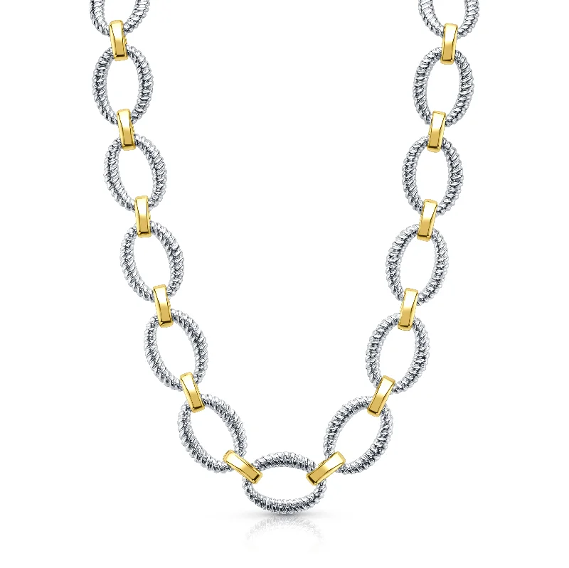 Statement Necklace For Bold Fashion Choices-OVAL SILVER BRAID AND GOLD LINK NECKLACE