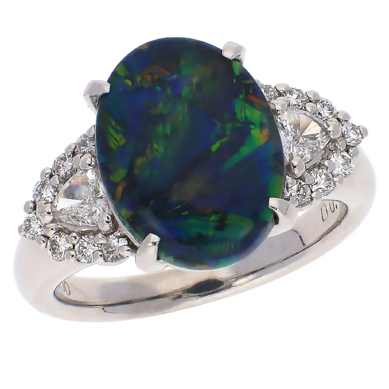 Luxury Rose Gold Rings For Special Days-Platinum Australian Lightning Ridge Black Opal and Diamond Ring