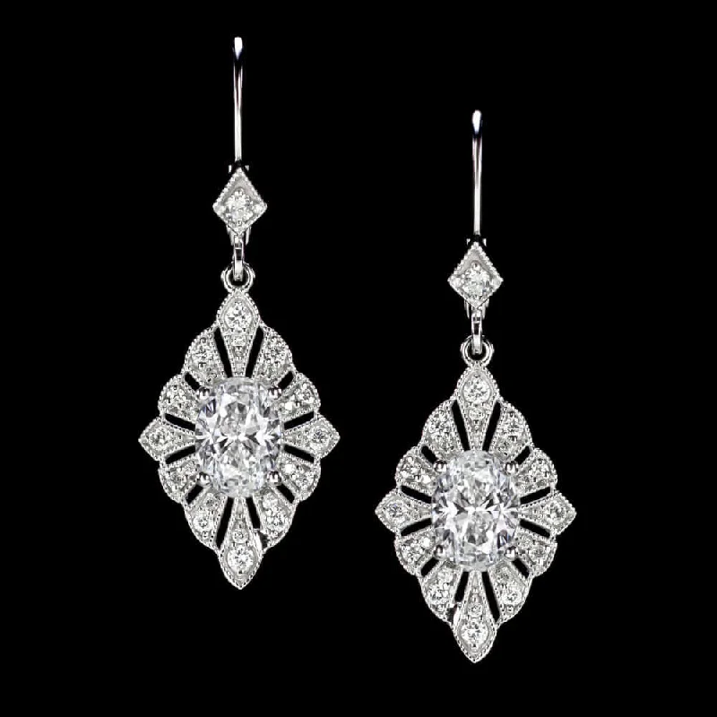 Bridal Earrings For Elegant Look-1.74c LAB CREATED DIAMOND EARRINGS VINTAGE STYLE DANGLE DROP ART DECO STYLE HALO