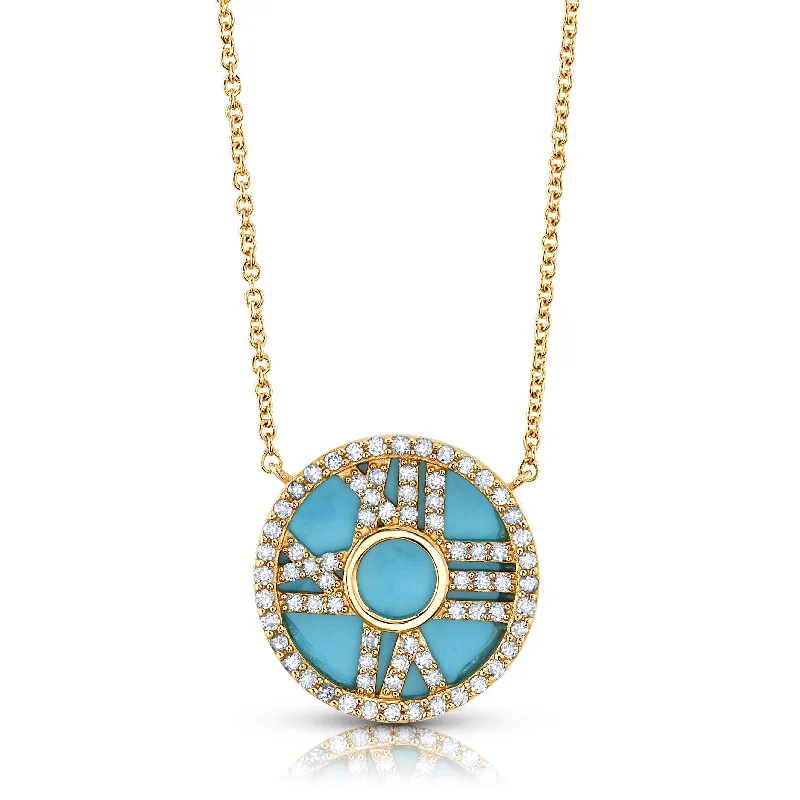 Elegant Wedding Necklaces For Bridal Style-TURQUOISE & DIAMOND ROMAN NUMERAL NECKLACE, 14kt Gold