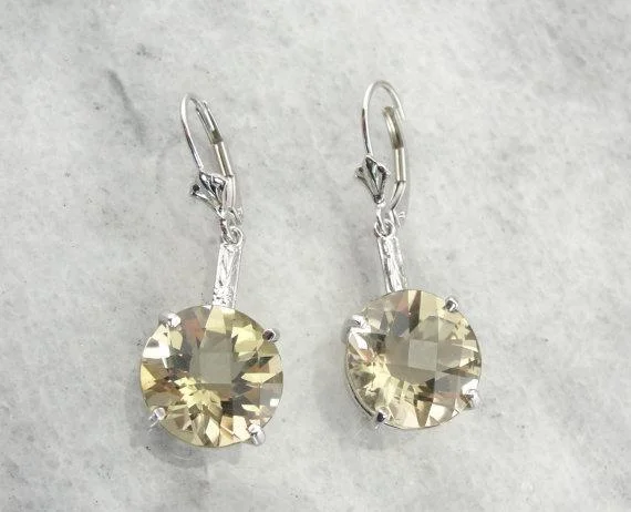 Unique Wedding Earrings For Brides-Soft Yellow Quartz Drop Earrings in Decorative White Gold