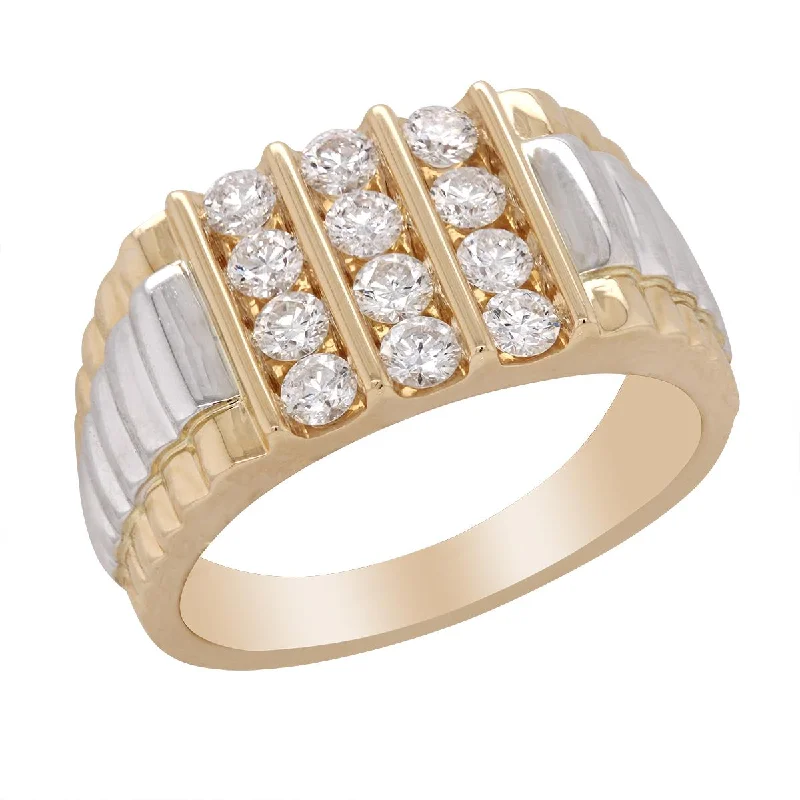 Gold Wedding Rings For Couples-MEN'S TWO-TONE FASHION RING WITH 12 ROUND DIAMONDS AND ROLEX STYLE SHANK, 1.00 CT TW