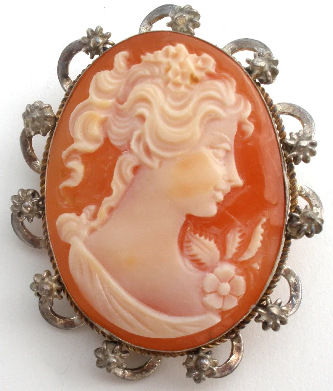 Wedding Brooch For Bridal Look-Sterling Silver Cameo Pendant Brooch Vintage