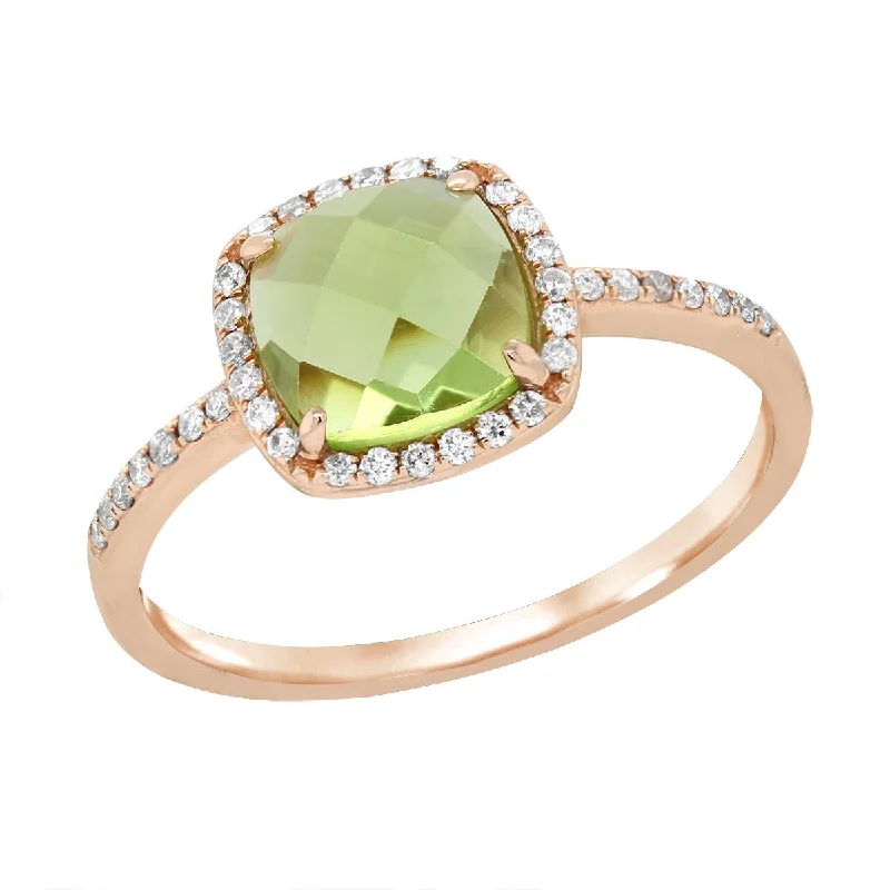 Vintage Engagement Rings For Romantic Look-ROSE GOLD PERIDOT FASHION RING WITH DIAMOND HALO, .15 CT TW