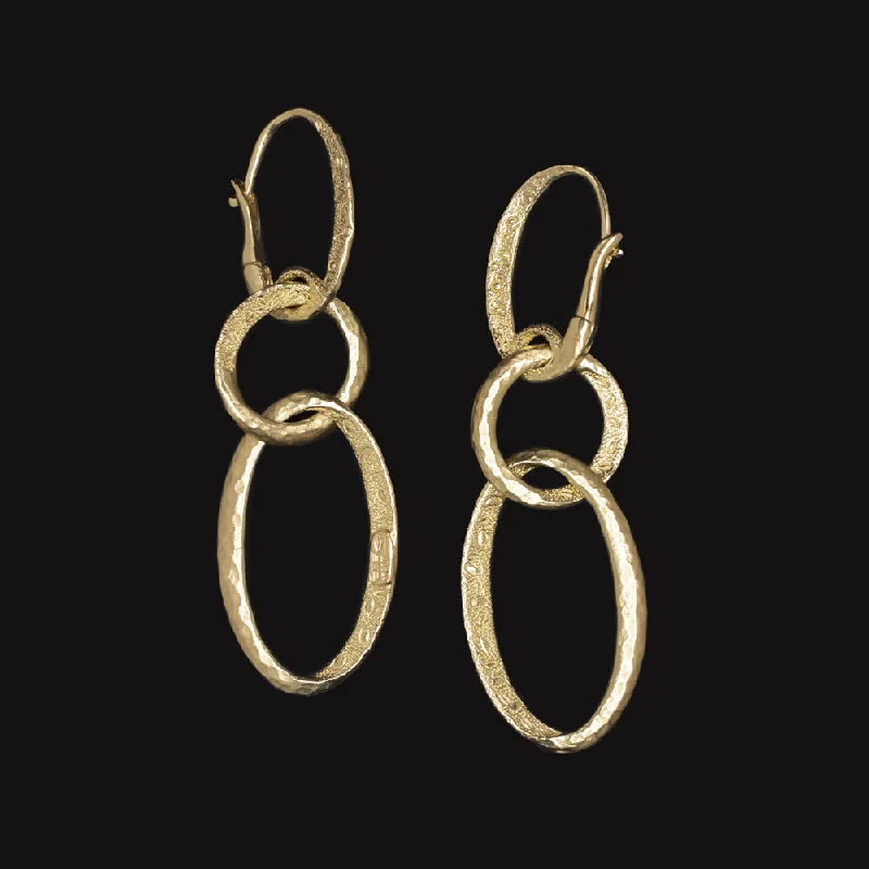 Chic Silver Earrings For Stylish Women-18k YELLOW GOLD DANGLE EARRINGS ITALIAN DESIGNER TEXTURE LOOP HAMMER FINISH