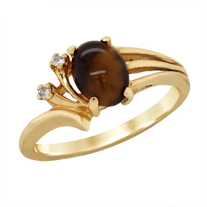 Unique Statement Rings For Special Occasions-YELLOW GOLD TIGER EYE RING WITH SIDE DIAMONDS, .02 CT TW