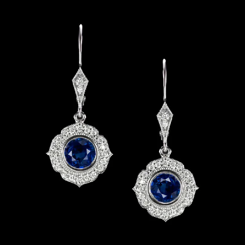 Black Earrings For Edgy Fashion-1.64ctw SAPPHIRE DIAMOND DANGLE EARRINGS VINTAGE STYLE HALO DROP SCALLOPED BLUE