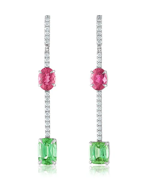 Elegant Diamond Earrings For Anniversary-Pink and Mint Tourmaline Earrings with Diamonds 6-JSA