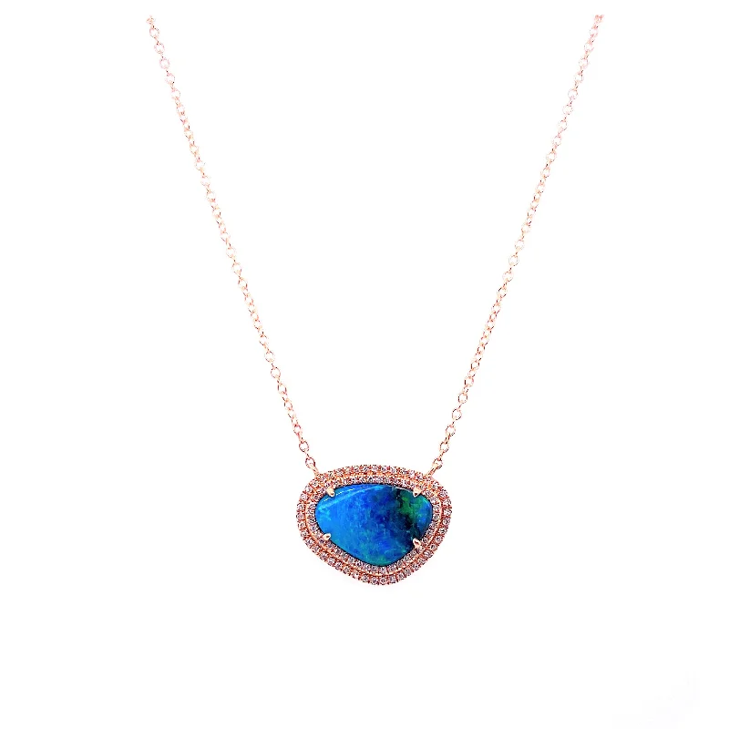 Fashion Necklaces For Party Wear-14K Rose Gold Diamond Double Halo Boulder Opal Necklace