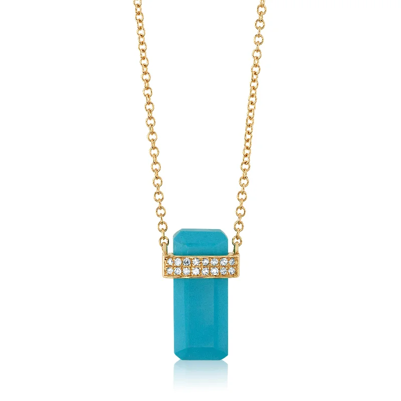 Modern Silver Necklaces For Office Fashion-LONG ODYSSEY DIAMOND & TURQUOISE NECKLACE, 14kt Gold