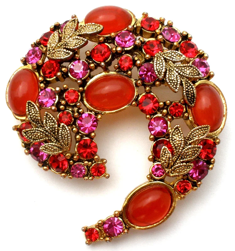 Brooch For Evening Event Fashion-Vintage Brooch With Red Orange and Pink Rhinestones