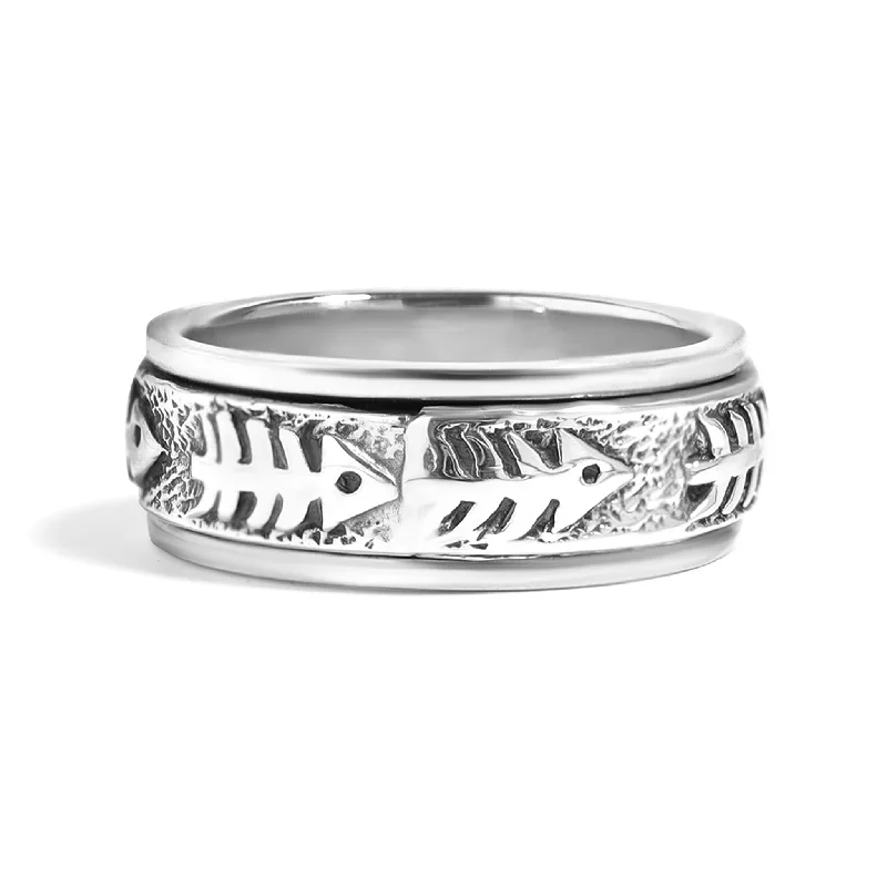 Stylish Chunky Rings For Bold Fashion-Sterling Silver Fish Bone Spinner Ring / SSR0043