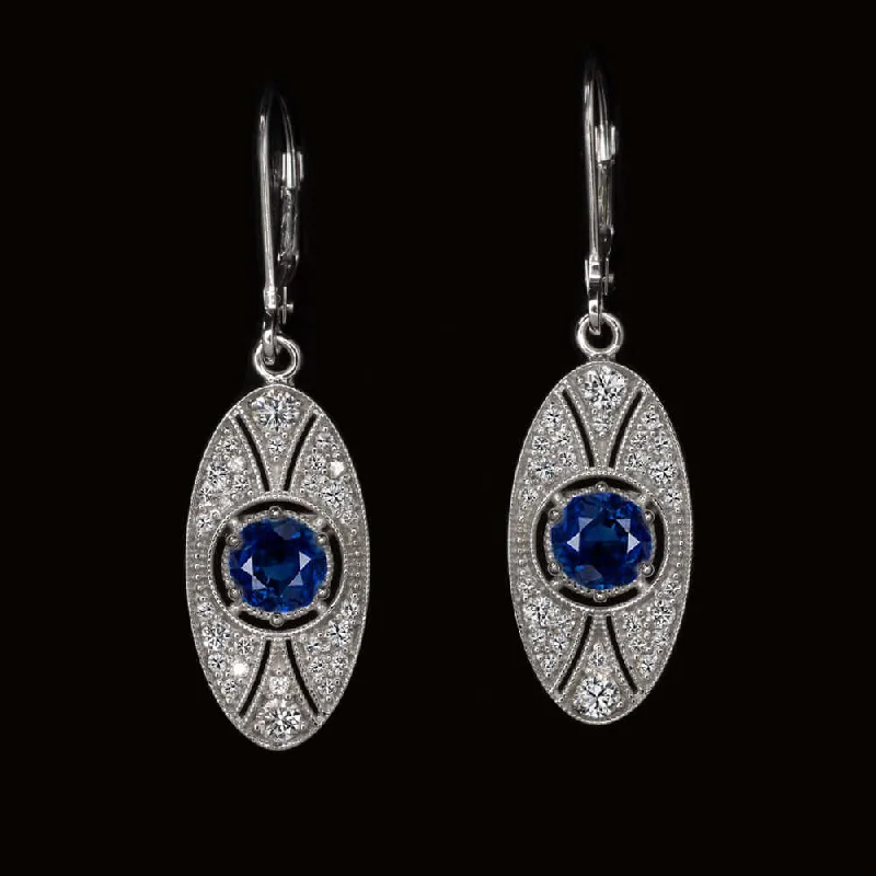 Gemstone Drop Earrings For Evening Wear-1.65ct SAPPHIRE DIAMOND VINTAGE STYLE EARRINGS EDWARDIAN INSPIRED DROP DANGLE