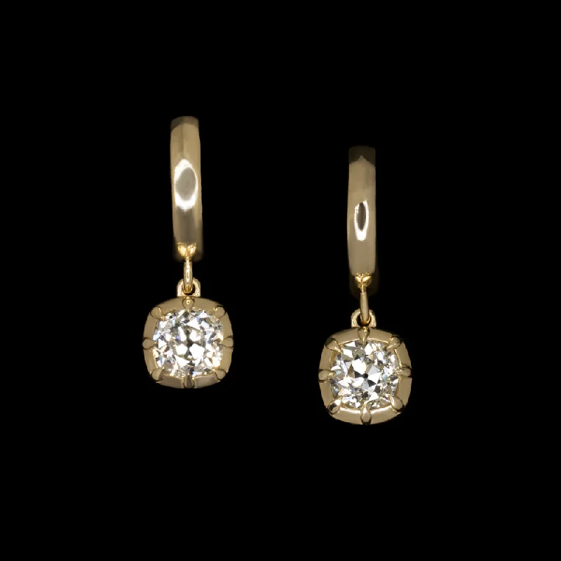 Casual Silver Earrings For Daily Style-1.31ct OLD MINE CUT DIAMOND DROP EARRINGS VINTAGE STYLE COLLET GOLD HUGGIE HOOP