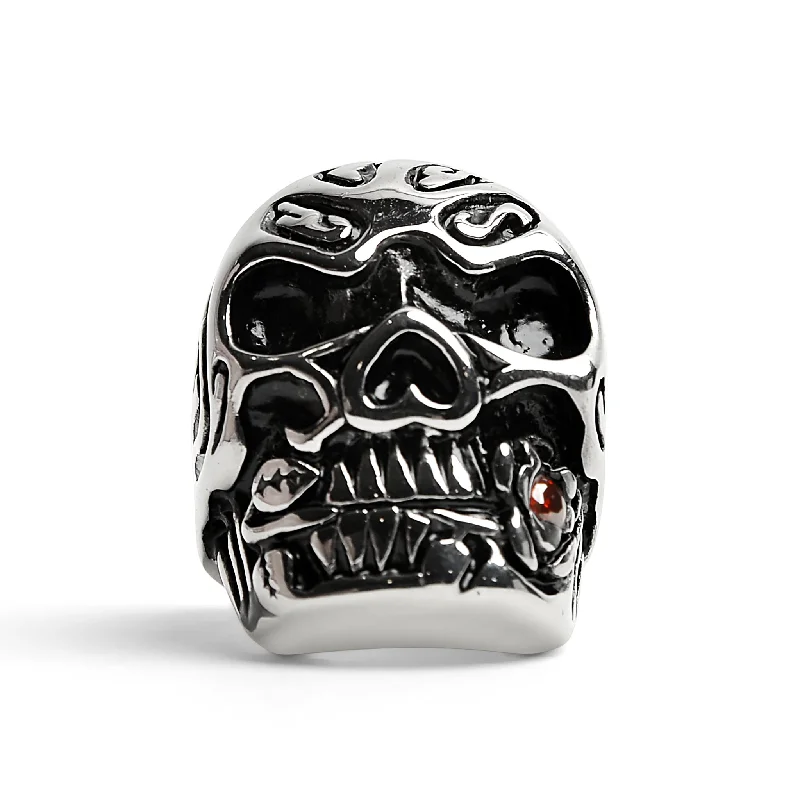 Unique Statement Rings For Special Occasions-Stainless Steel Large Filigree Skull Biting Red CZ Rose Ring / SCR4000