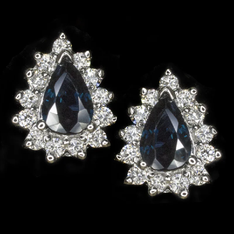 Classic Stud Earrings For Daily Wear-SAPPHIRE DIAMOND STUD EARRINGS PEAR TEARDROP SHAPE HALO NAVY BLUE WHITE GOLD