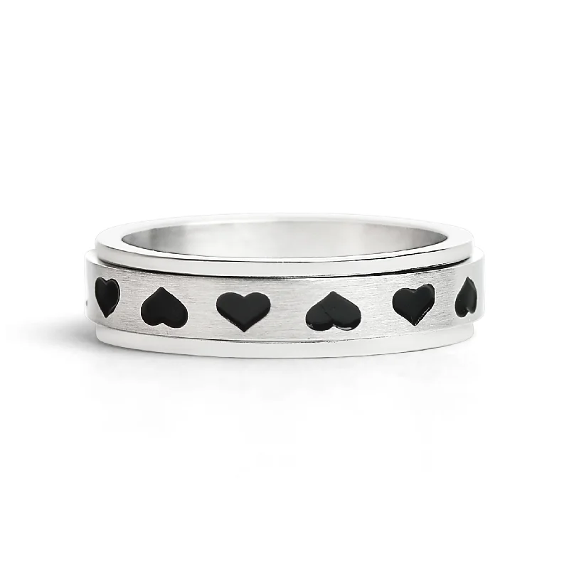 Luxury Diamond Wedding Rings For Brides-Stainless Steel Black Hearts Spinner Ring / SRJ2246