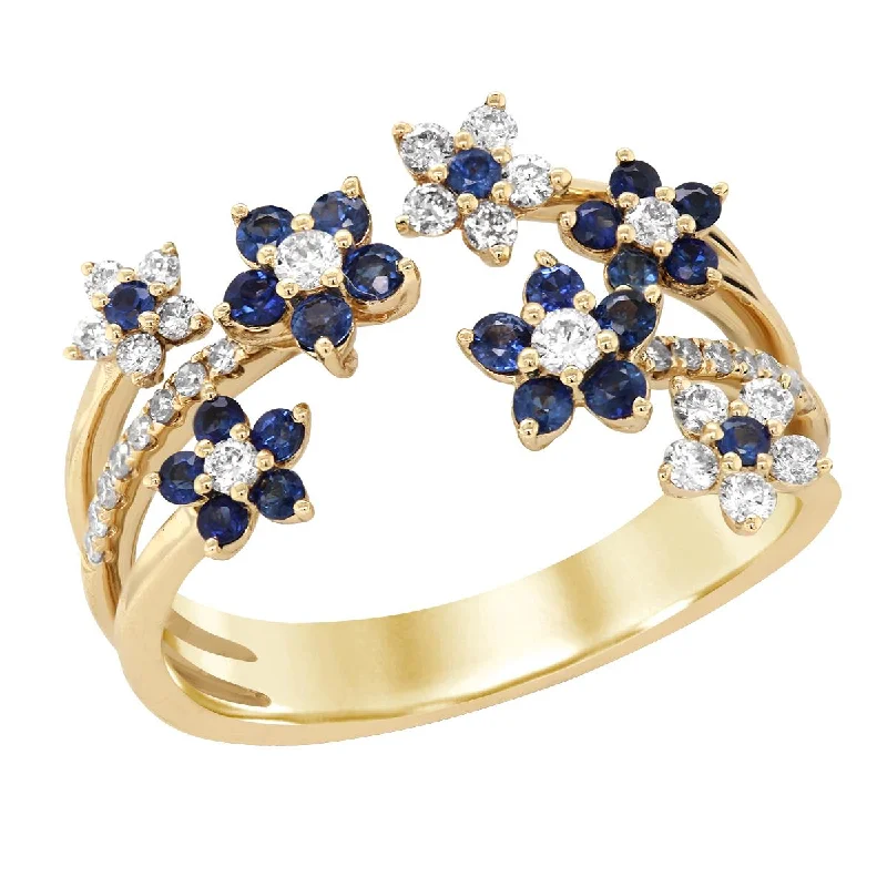 Stunning Birthstone Rings For Personalized Style-YELLOW GOLD FLORAL FASHION RING WITH SAPPHIRES AND DIAMONDS, .35 CT TW