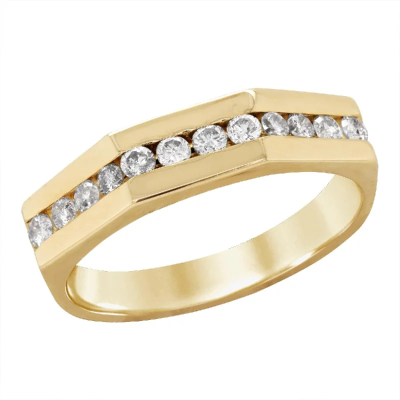 Gold Wedding Rings For Couples-YELLOW GOLD GEOMETRIC MENS RING WITH CHANNEL SET DIAMONDS, .50 CT TW