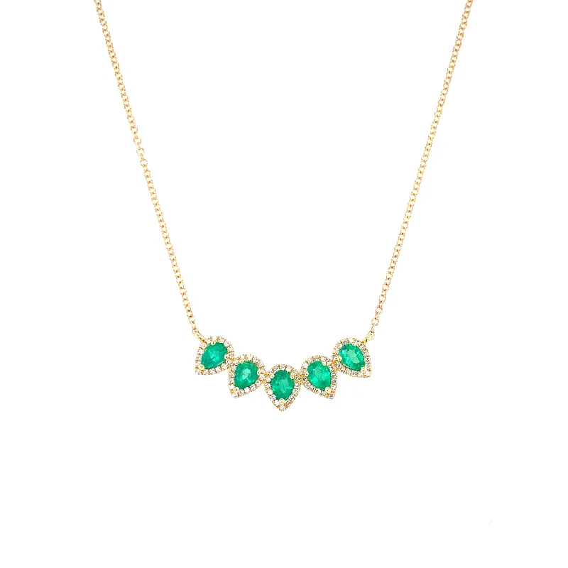 Long Silver Necklaces For Boho Style-14K Yellow Gold Diamond Pear Emerald Necklace