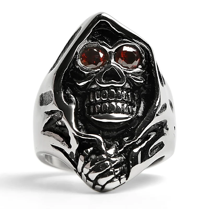 Customizable Engagement Rings-Stainless Steel Red CZ Eyed Grim Reaper Ring / SCR3054