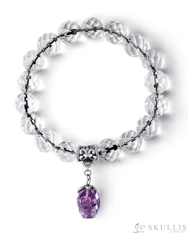 Adjustable Bracelets For Teen Girls-Gem Skull Bracelet of Quartz Rock Crystal Carved Facet Beads & Amethyst Carved Skull