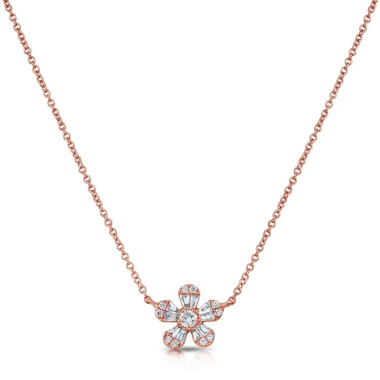 Elegant Crystal Necklaces For Formal Events-14k Rose Gold Diamond Baguette Flower Necklace