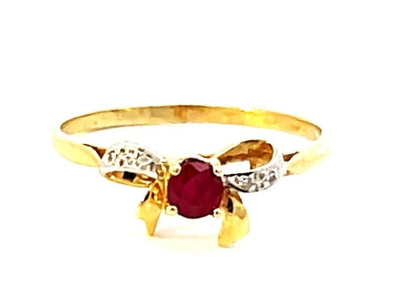 Stunning Wedding Rings For Brides-Round Red Ruby Bowtie Diamond Ring in 14k Yellow Gold