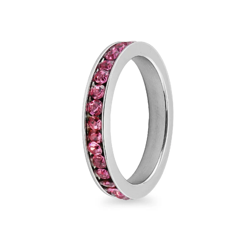 Unique Diamond Wedding Rings For Brides-Pink CZ Center Highly Polished Stainless Steel Flat Ring / ZRJ9002