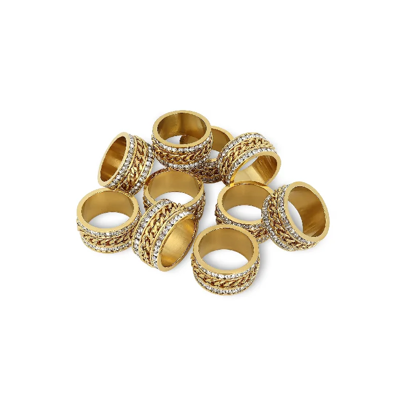 Custom Promise Rings For Special Gifts-10 Pack - CZ Eternity With 18K Gold Center Chain Spinner Stainless Steel Ring / ZRJ9012