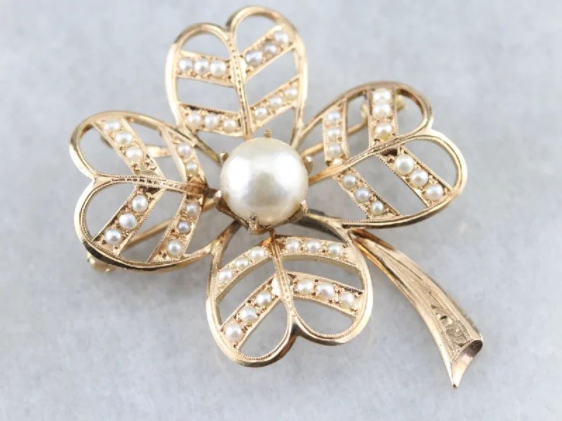 Unique Brooch For Bridal Accessories-Antique Pearl Four Leaf Clover Brooch or Pendant