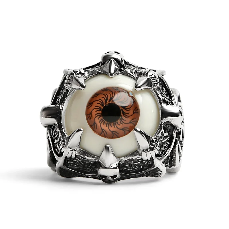 Customizable Couple Rings For Weddings-Stainless Steel Gothic Red Eyeball With Claw And Skull Accents Ring / SCR4090