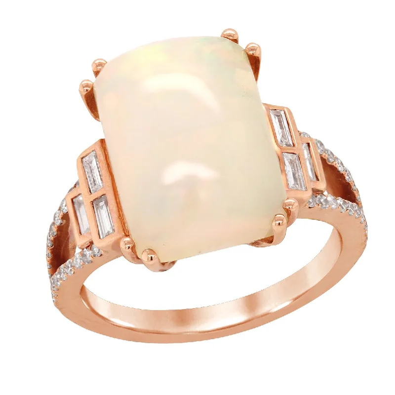 Affordable Diamond Wedding Bands-ROSE GOLD FASHION RING WITH OPAL CENTER AND BAGUETTE DIAMONDS, .49 CT TW