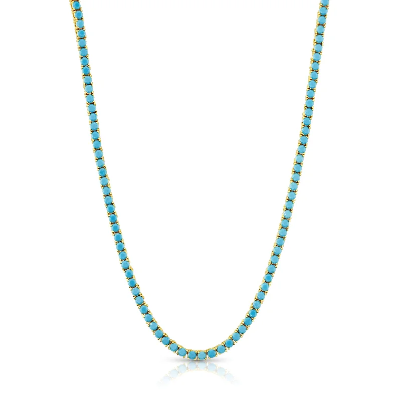 Simple Gold Necklaces For Daily Fashion-TURQUOISE CZ TENNIS NECKLACE, GOLD BRASS