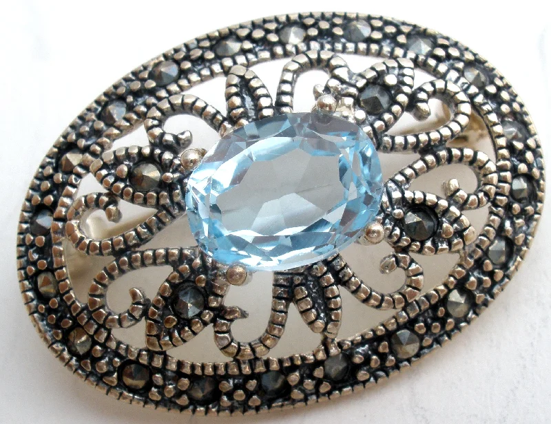 Flower Brooch For Wedding Gown-Blue Topaz & Marcasite Brooch Pin Sterling Silver