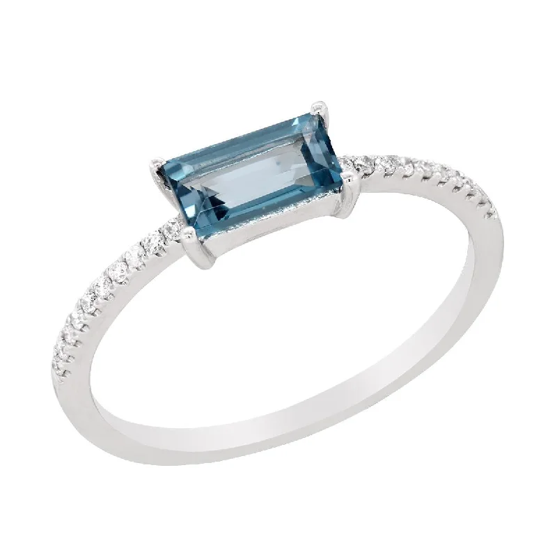 Bold Diamond Rings For Fashion-Forward Look-EMERALD CUT BLUE TOPAZ AND DIAMOND RING, .08 CT TW