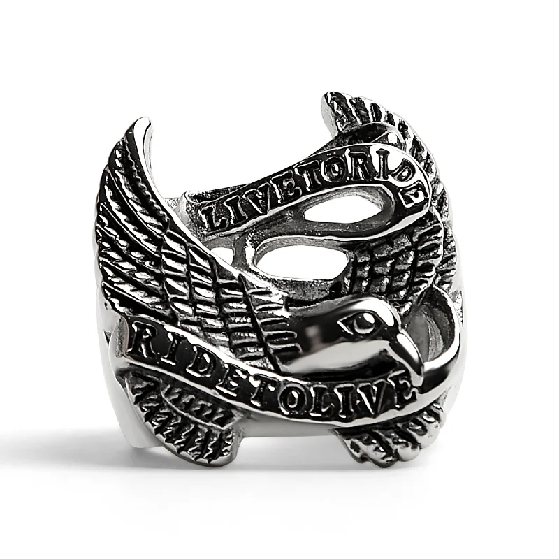 Dainty Rings For Minimalist Look-Stainless Steel "Live To Ride" "Ride To Live" Eagle Biker Ring / SCR3077