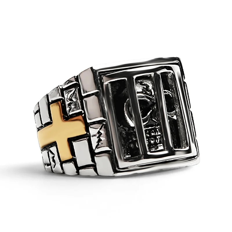 Personalized Custom Rings For Special Gifts-Stainless Steel Medieval Jailed Skull With 18K Gold PVD Coated Cross Accents Ring / SCR4101