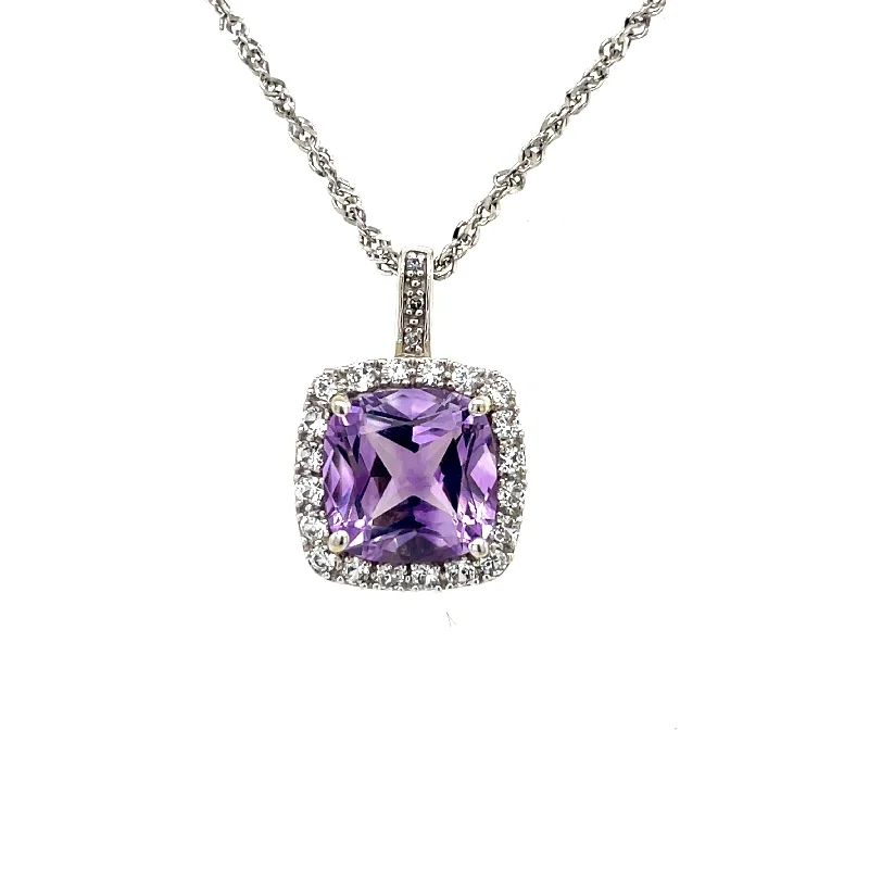 Cute Animal Necklaces For Kids-Estate 10K Cushion Amethyst Halo Style Necklace