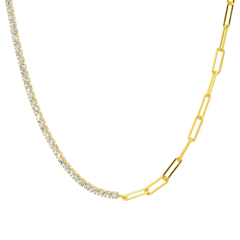 Layered Gold Necklaces For Fashion Enthusiasts-HALF & HALF PAPERCLIP CZ TENNIS NECKLACE, GOLD