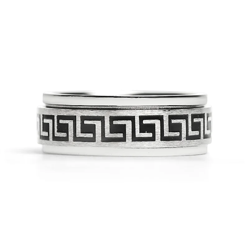 Colorful Gemstone Wedding Rings For Brides-Black Greek Key Spinner Center Polished Stainless Steel Ring / SRJ2056