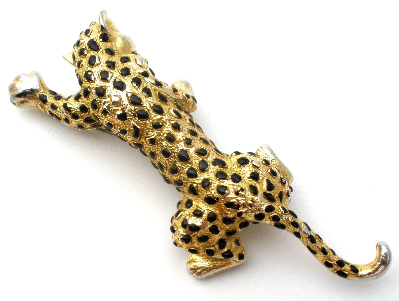 Unique Brooch For Party Wear-Gold Tone Black Enamel Spotted Leopard Brooch Pin